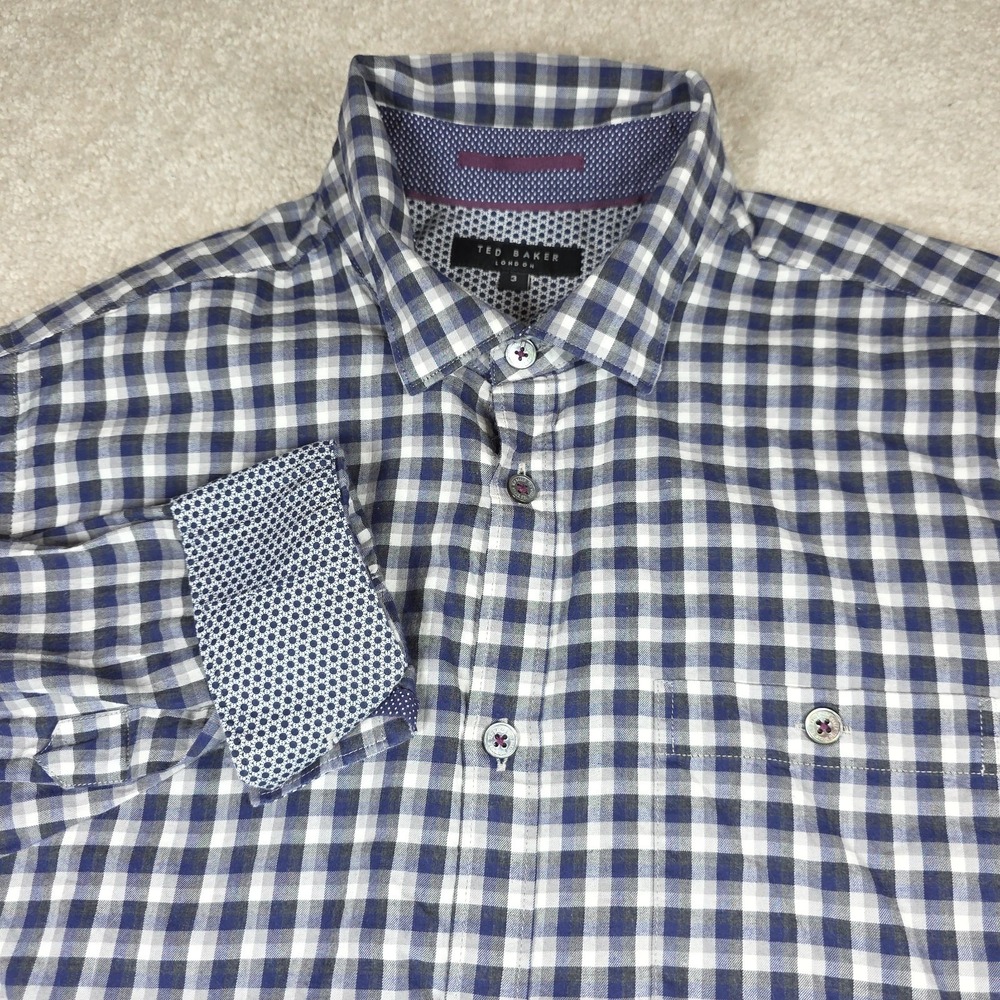 Ted Baker London Mens 3 Medium Blue Gingham Flip Cuff Shirt Cotton Plaid Check